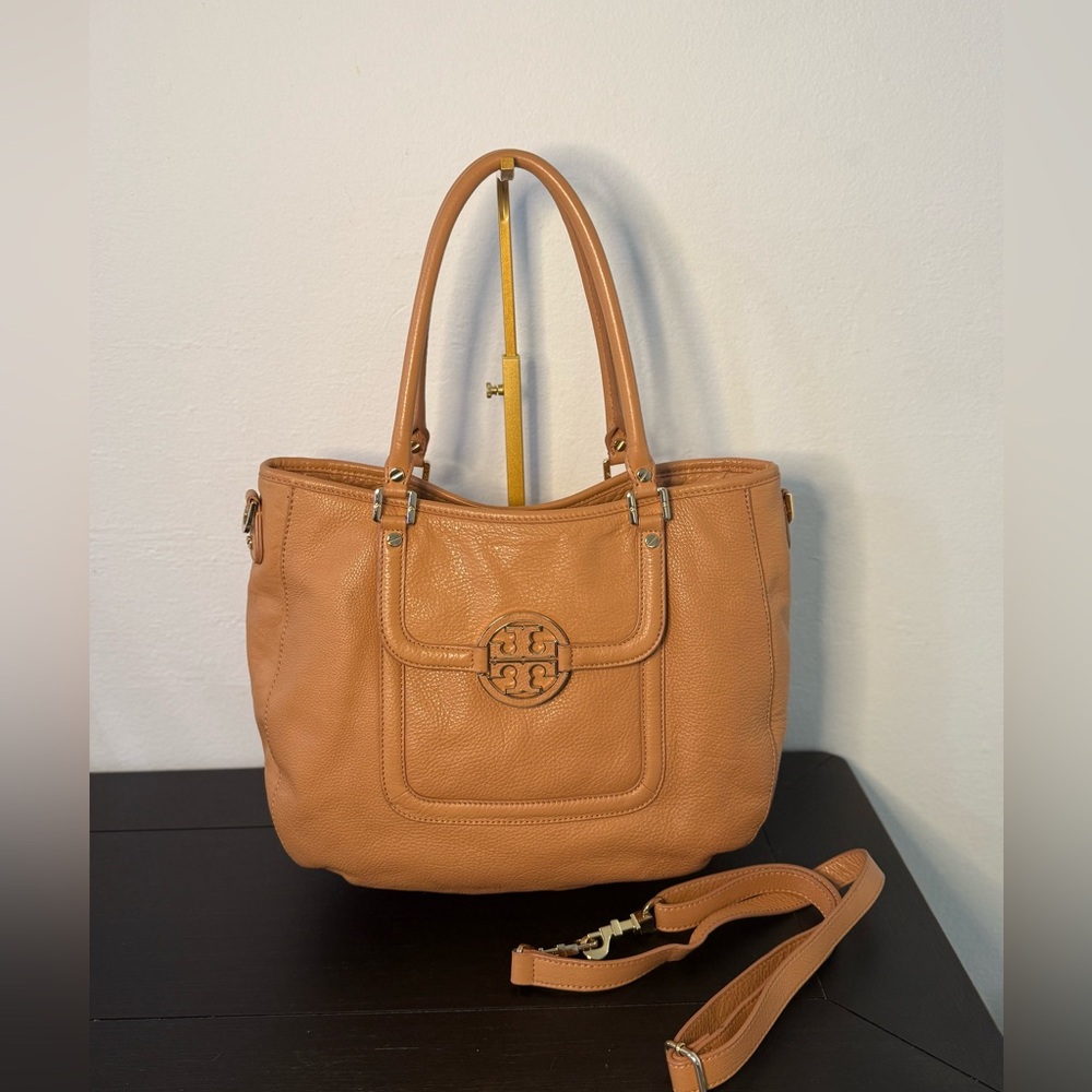 Tory Burch Amanda Pebbled Leather Tote Crossbody Bag Camel Tan - Picture 4 of 8